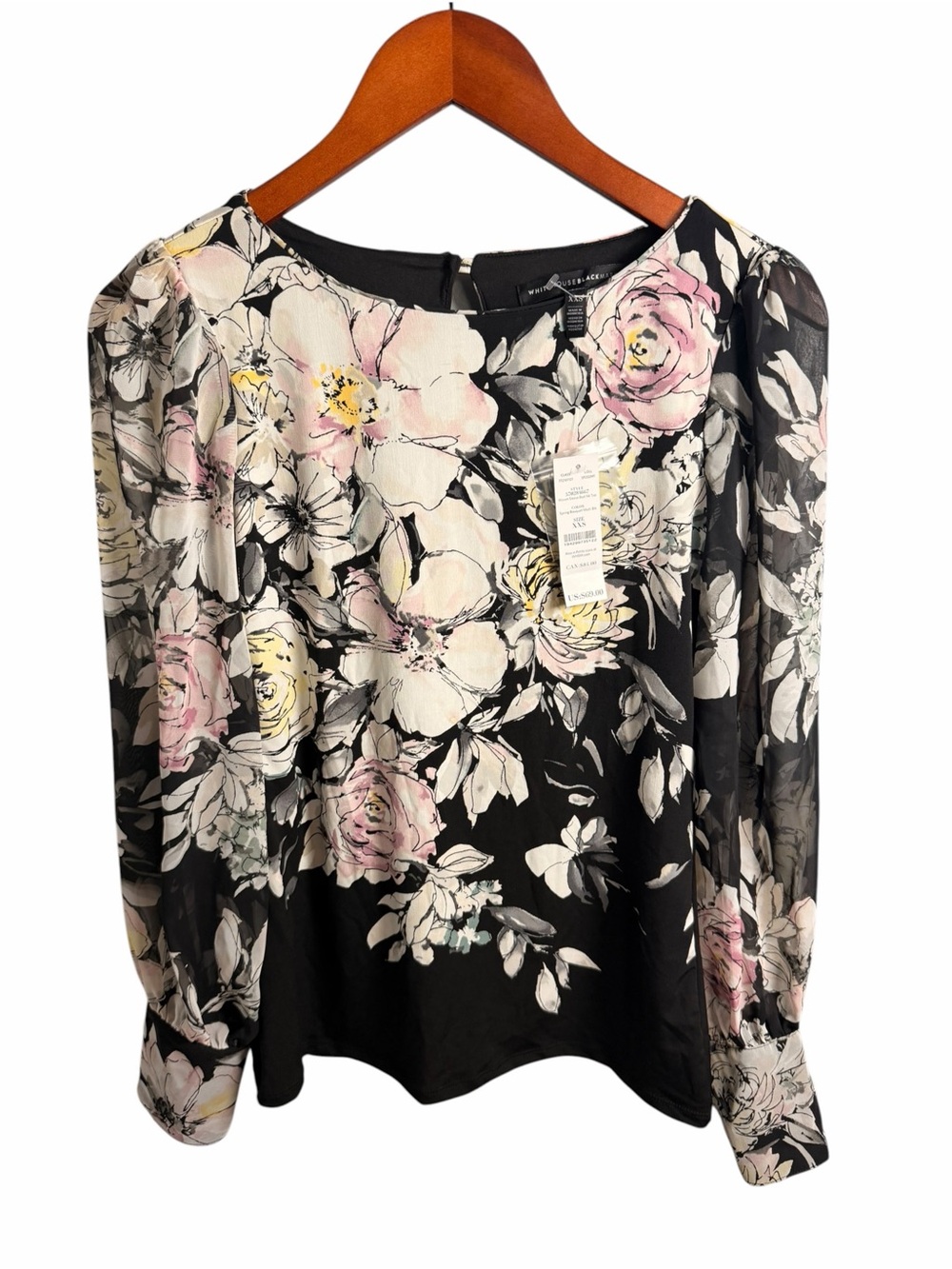 White House Black Market Floral Long-Sleeve Blouse Black Pink Flowers XXSP